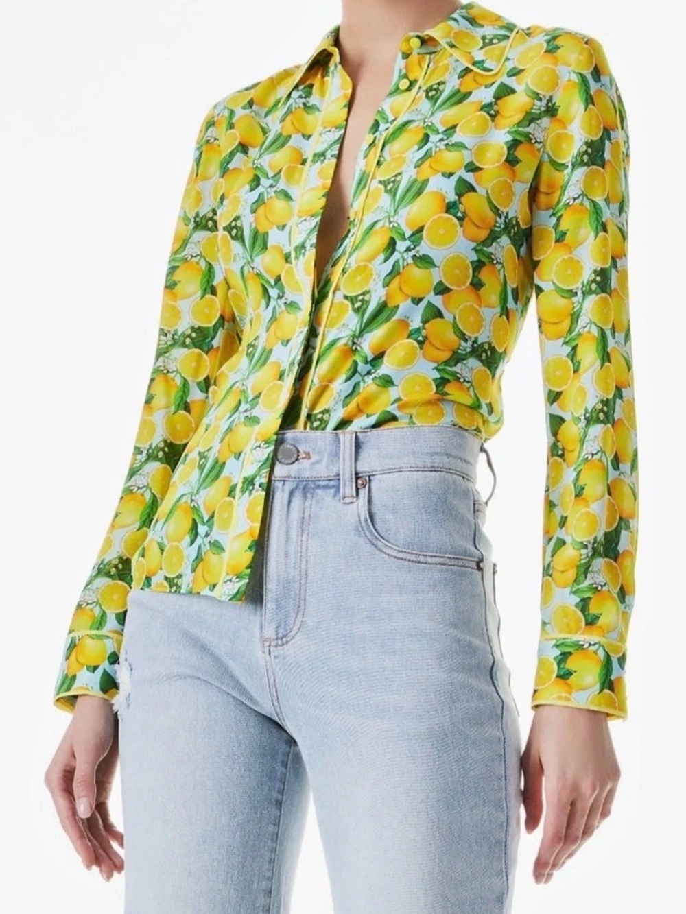 alice + olivia Willa Silk Button-Up Shirt in Lemon Squeeze Print Size Medium